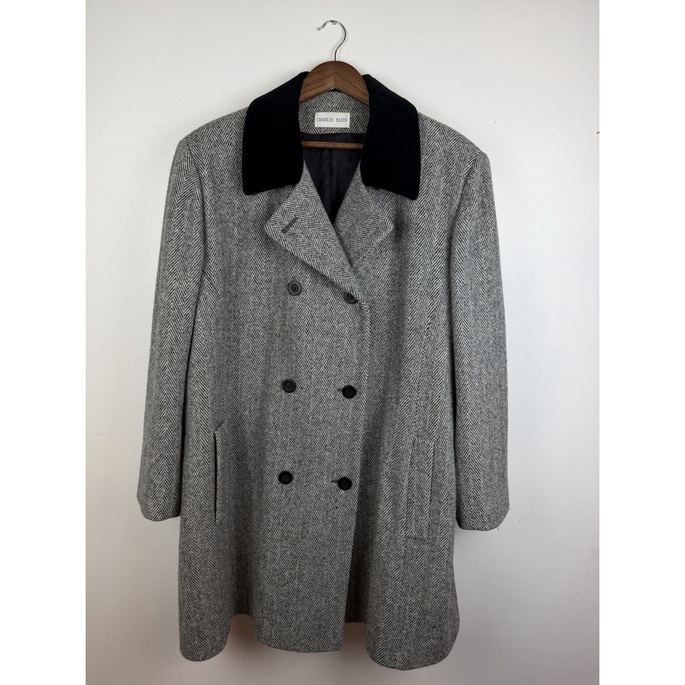 Charles Klein VTG Coat Women's XL  Herringbone Gray Black Collar Made In USA